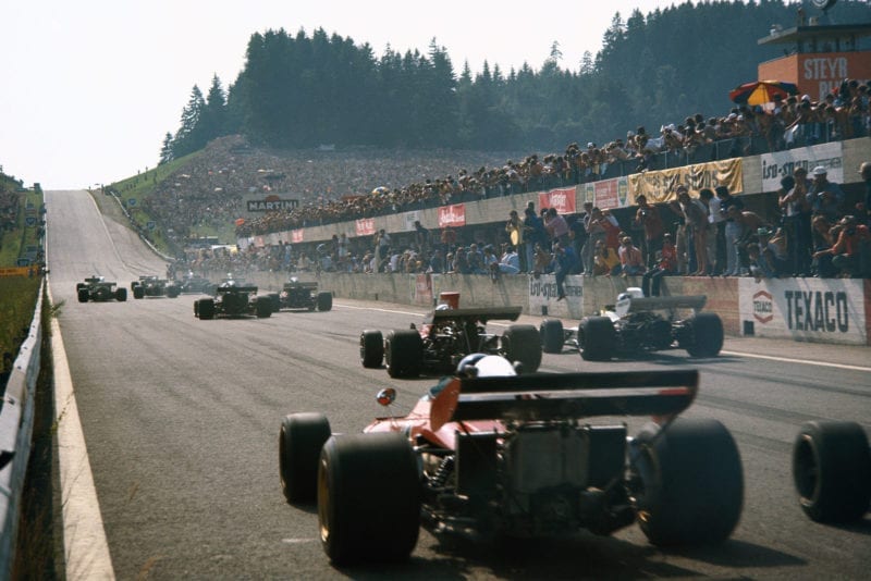 Cars set off up the hill at the start of the 1972 Austrian Grand Prix.