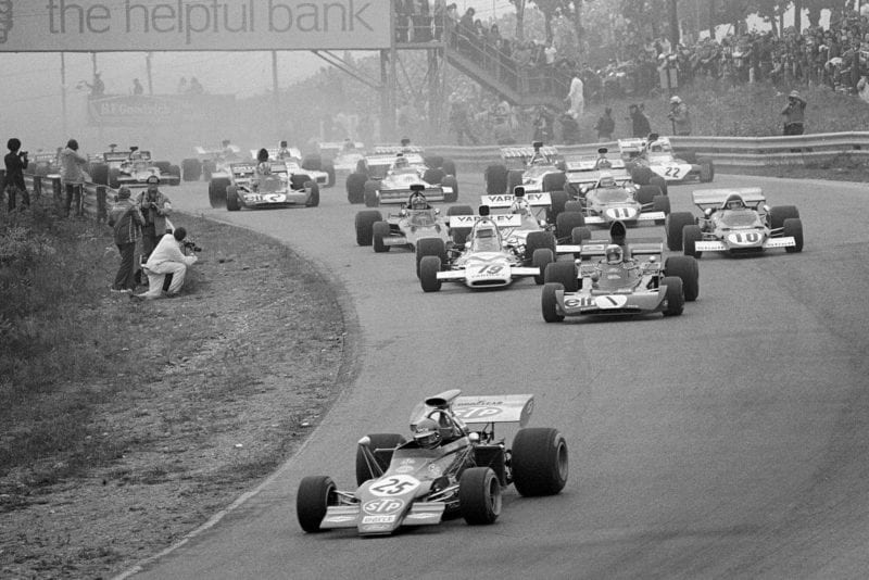 The cars pour into the first corner at the start of the 1972 Canadian Grand Prix.