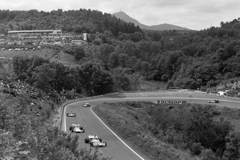 The cars thread their way through the mountainous circuit at the 1972 French Grand Prix.
