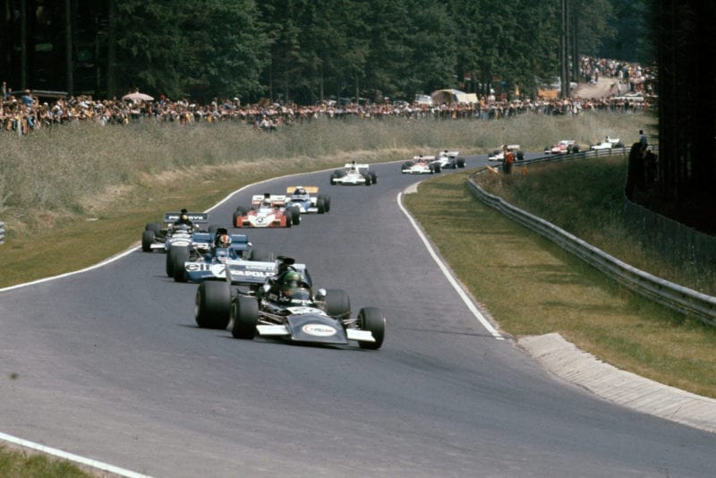 March's Henri Pescarolo leads the midfield battle at the 1972 German Grand Prix, Nurburgring.