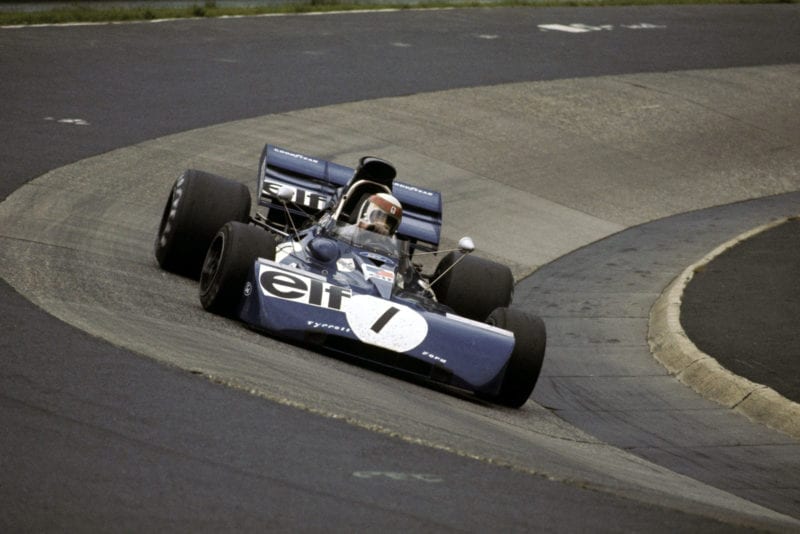 Jackie Stewart rounds the Karussell in his Tyrrell at the 1972 German Grand Prix, Nurburgring.