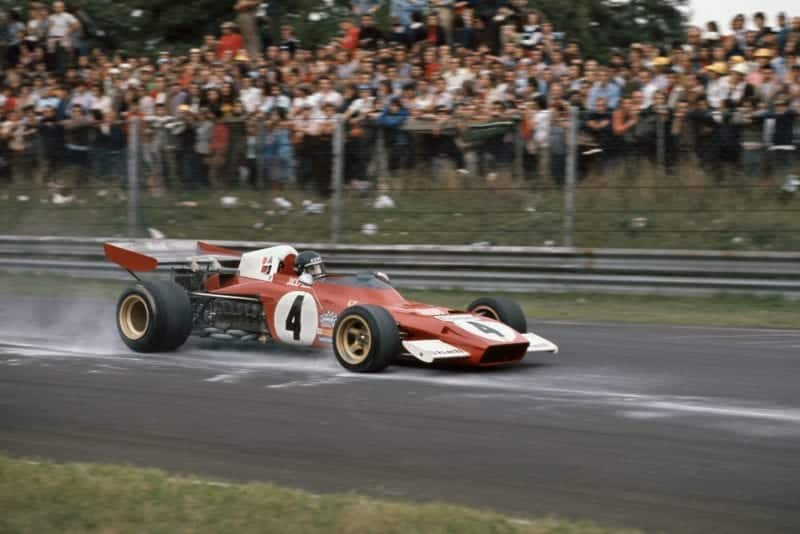 Ferrari's Jacky Ickx brakes for a corner during the 1972 Italian Grand Prix, Monza.