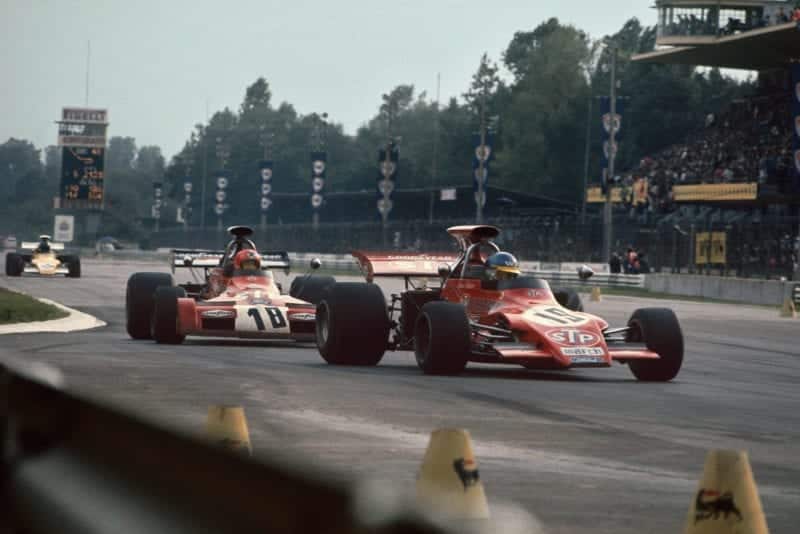 Ronnie Peterson (March) leads Niki Lauda (March) at the 1972 Italian Grand Prix, Monza.