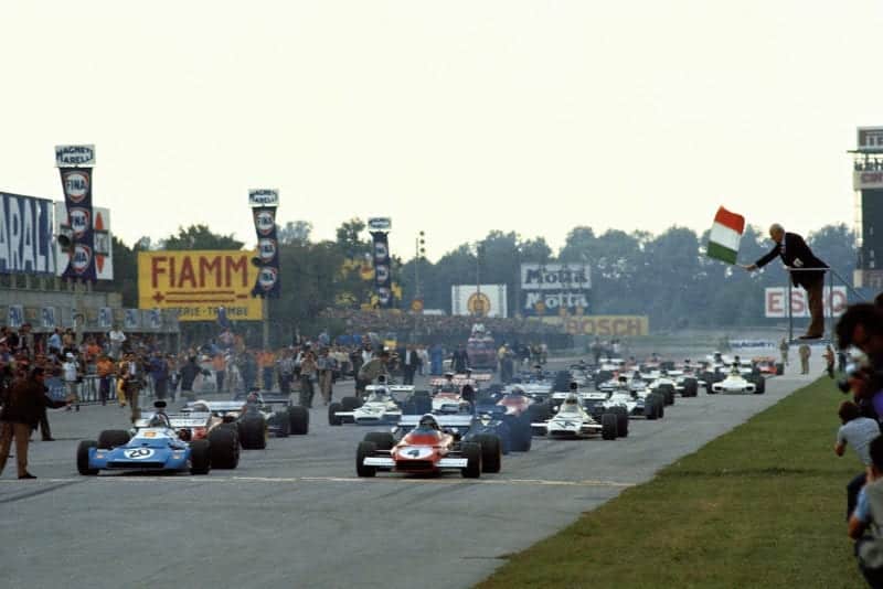 The 1972 Italian Grand Prix gets underway as the cars leave the gird, Monza.