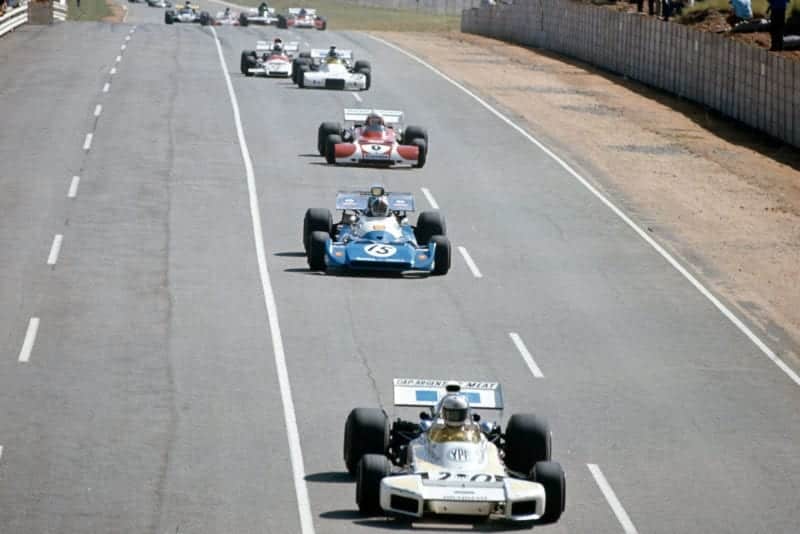 The Brabham of Carlos Reutemann leads Chris Amon's Matra and Clay Regazzoni Ferrari.