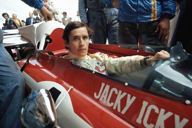 Jacky Ickx sits in his Ferrari before the start of the 1972 Spanish Grand Prix, Jarama.