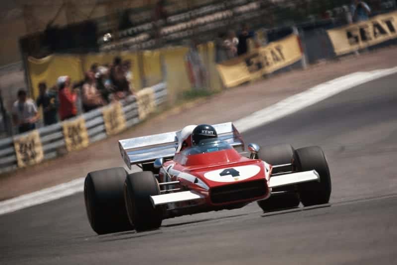 Jacky Ickx takes a corner in his Ferrari at the 1972 Spanish Grand Prix, Jarama