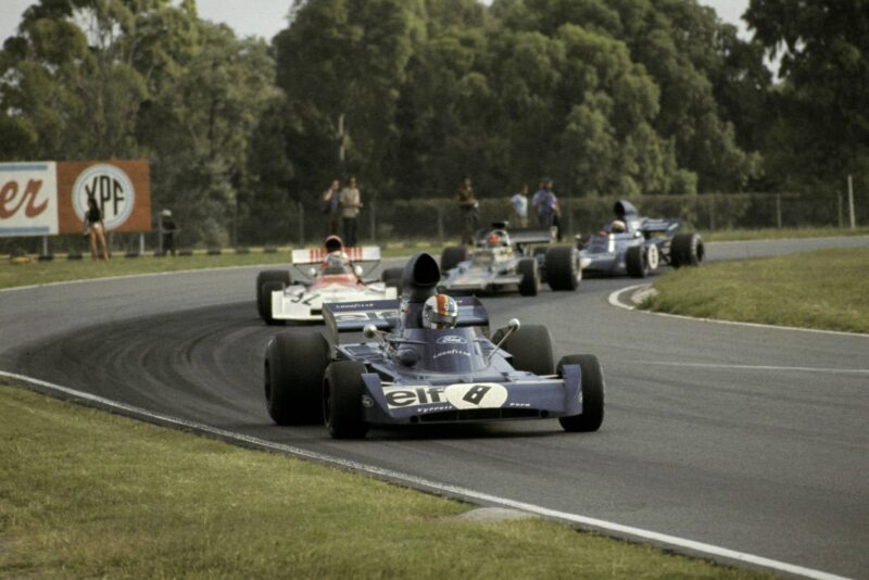 Second placed Francois Cevert (FRA) Tyrrell 006 leads the race from pole sitter Clay Regazzoni (SUI) BRM P160D, who finished seventh; his team mate Jackie Stewart (GBR) Tyrrell 005 who finished third and race winner Emerson Fittipaldi (BRA) Lotus 72D.