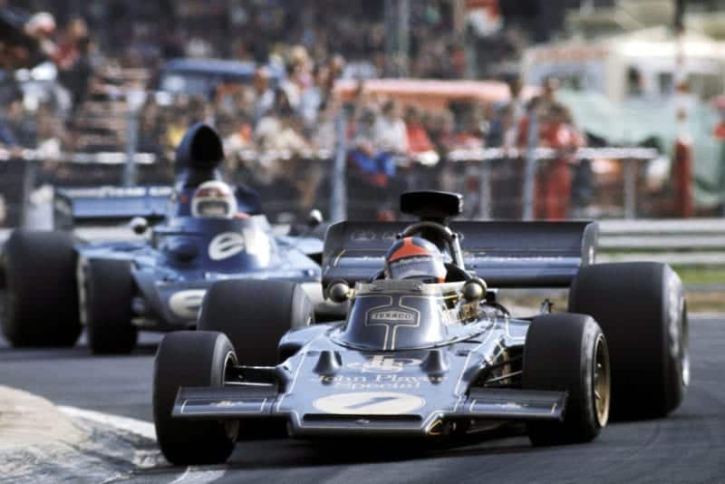 Emerson Fittipaldi (Lotus) is chased by Jackie Stewart (Tyrrell) at the 1973 Belgian Grand Prix.