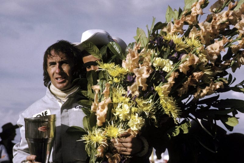 Jackie Stewart (Tyrrell) celebrates his victory at the 1973 Belgian Grand Prix.