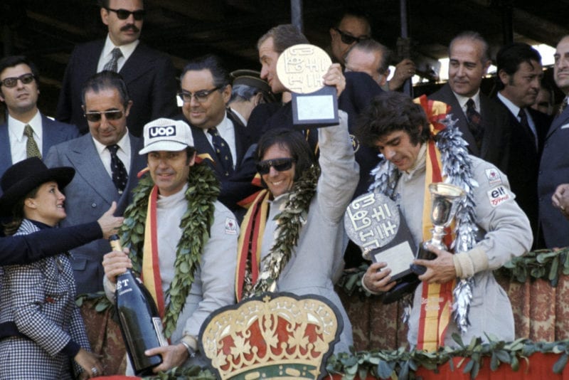 Emerson Fittipaldi celebrates his win at the 1973 Spanish Grand Prix, Montjuïch Park.