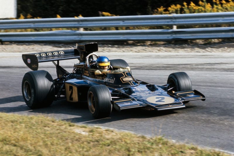 Ronnie Peterson shows typical commitment as he drives his Lotus at Mosport Park during the 1973 Canadian Grand Prix.