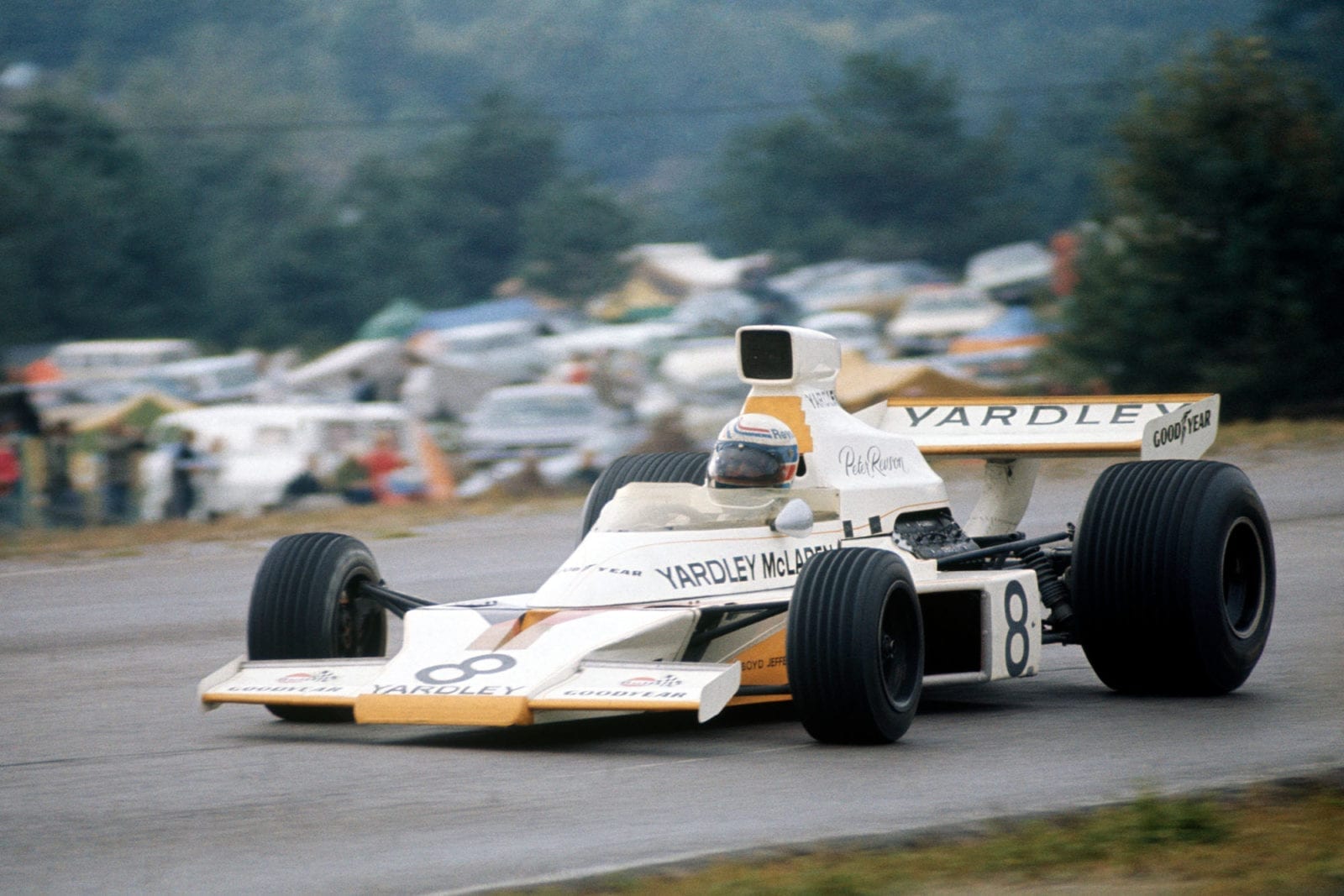 Peter Revson driving at Mosport Park for McLaren during the 1973 United States Grand Prix.