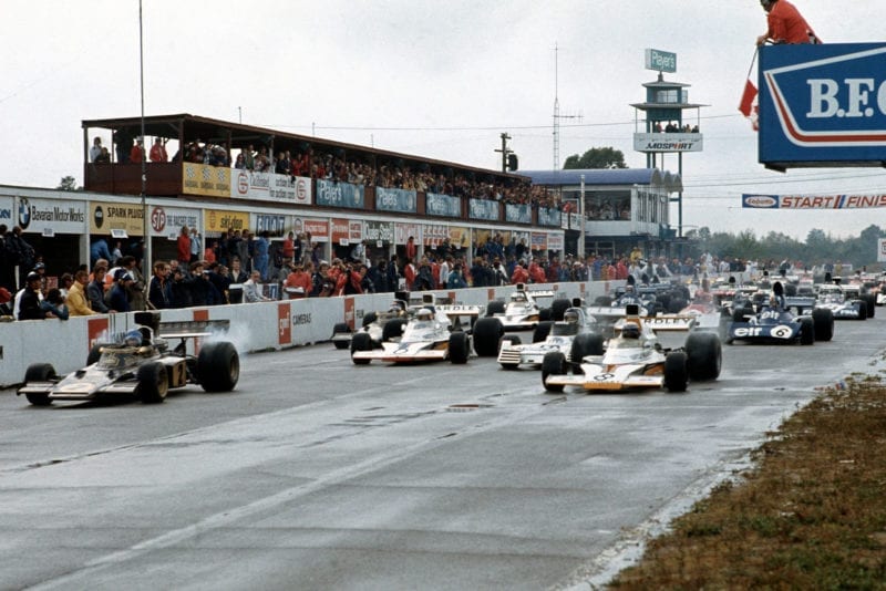 The cars pull away on a wet grid at the 1973 Canadian Grand Prix, Mosport Park.