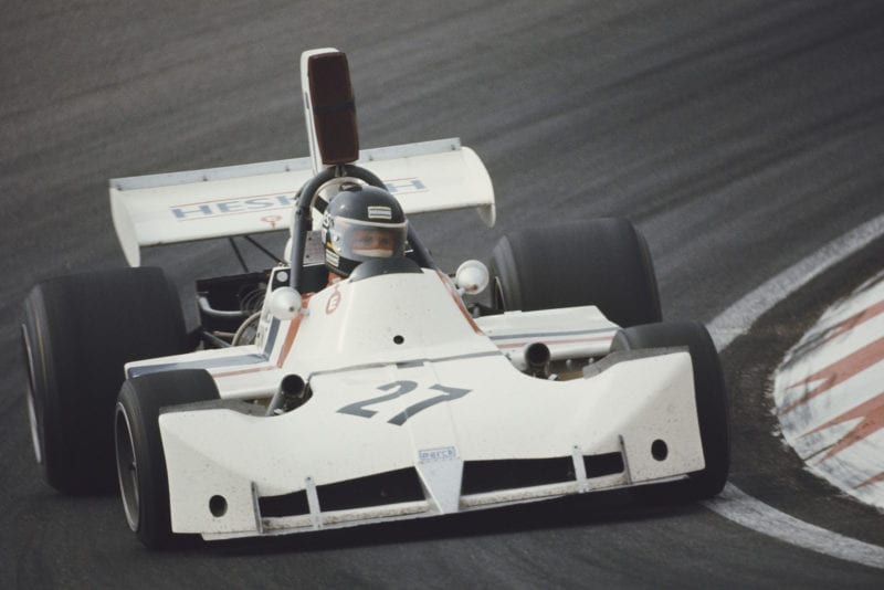 Hesketh's James Hunt takes corner at the 1973 Dutch Grand Prix, Zandvoort.