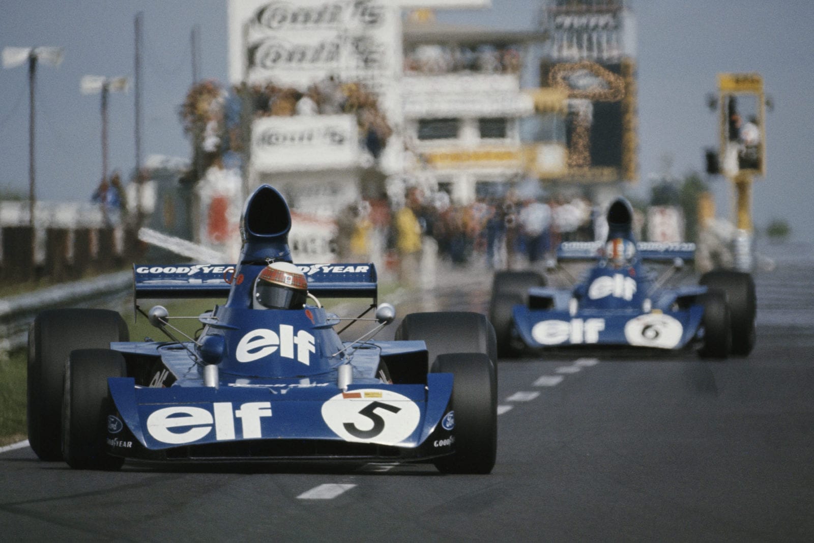 Jackie Stewart leads Tyrrell team-mate Francois Cevert at the 1973 German Grand Prix, Nurburgring.