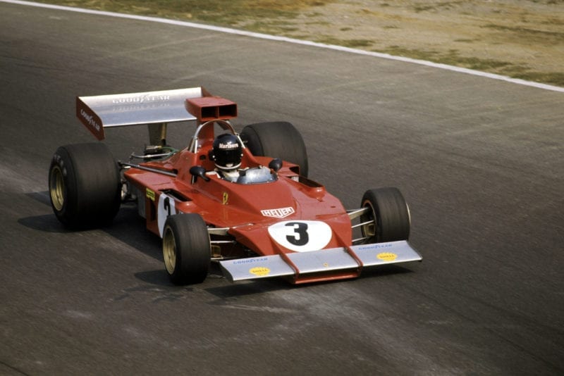 Jacky Ickx rounds the Curva Sud in his Ferrari at the 1973 Italian Grand Prix, Monza.
