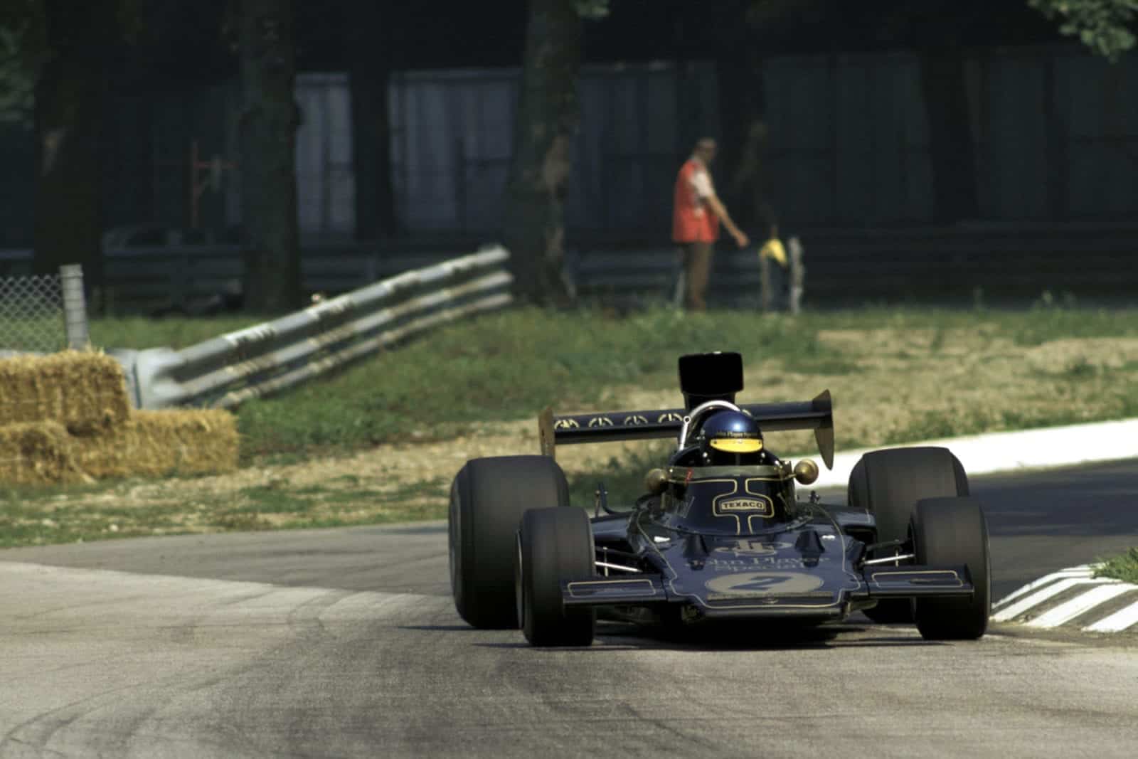 Ronnie Peterson slides through the chicane in Lotus at the 1973 Italian Grand Prix, Monza.