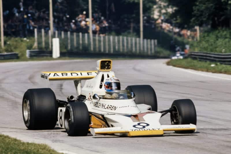 Peter Revson pushing his McLaren at the 1973 Italian Grand Prix, Monza.
