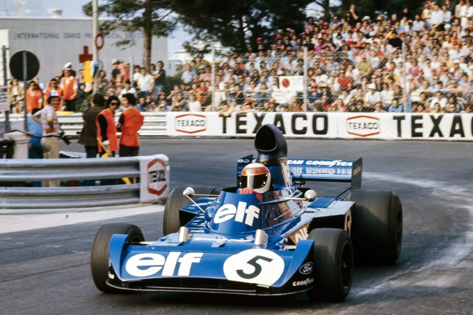 Jackie Stewart driving for Tyrrell at the 1973 Monaco Grand Prix.