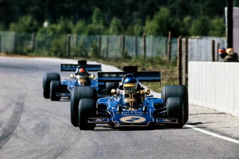 Ronnie Peterson leads Lotus team-mate Emerson Fittipaldi