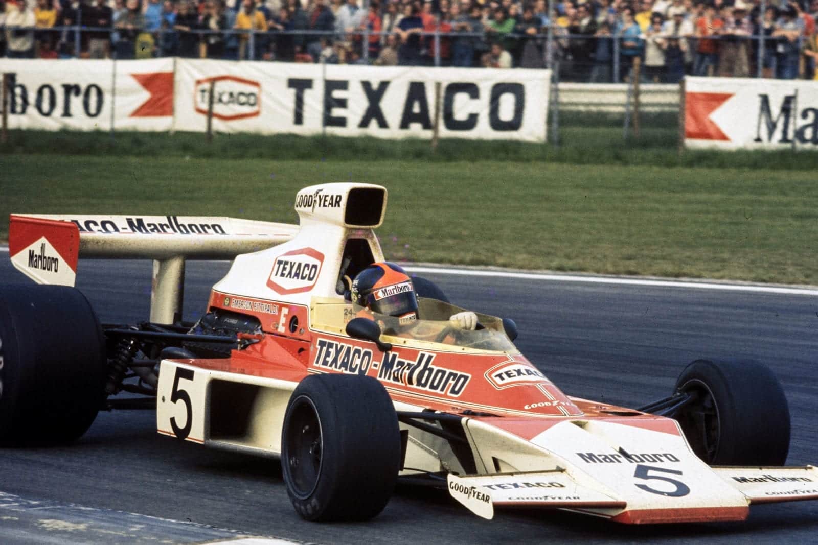 Emerson Fiitpaldi (McLAren) on his way to finishing first at the 1974 Belgian Grand Prix, Zolder.