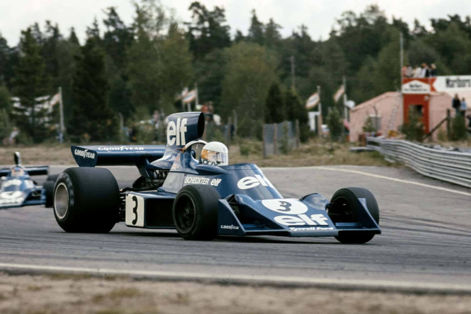 Jody Scheckter on the way to victory for Tyrrell at the 1974 Swedish Grand Prix.