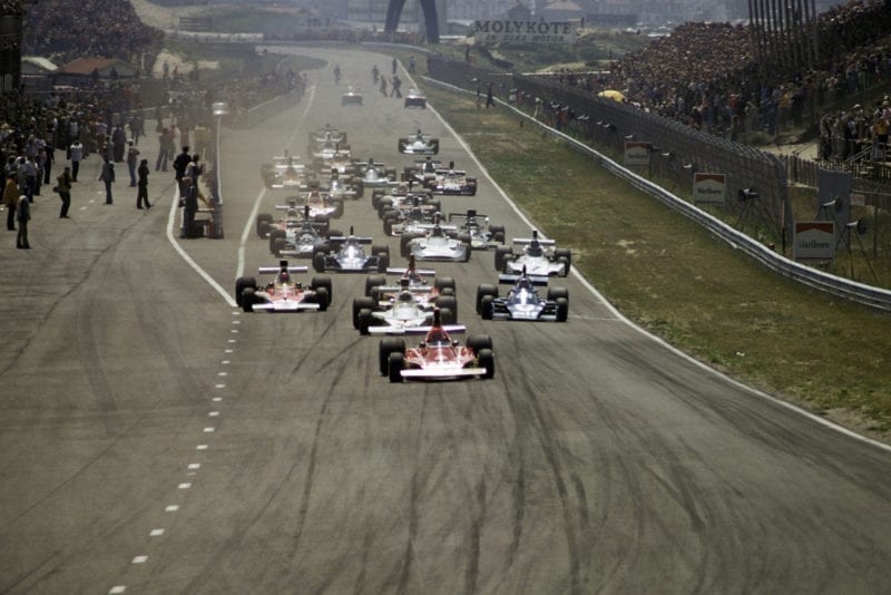 Niki Lauda leads at the start of the 1974 Dutch Grand Prix.