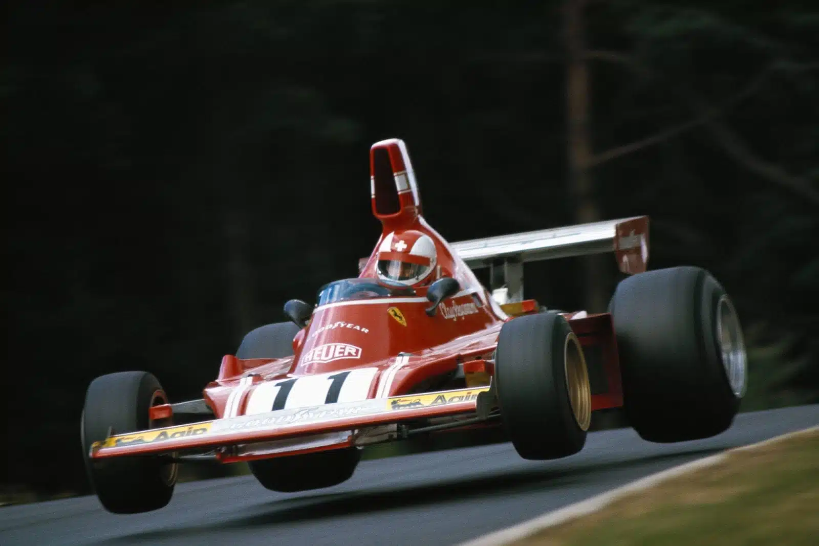 Clay Regazzoni's Ferrari takes flight at the 1974 German Grand Prix