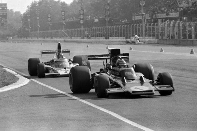 Ronnie Peterson (Lotus) leads Emerson Fittipaldi (McLaren) at the 1974 Italian Grand Prix, Monza.)