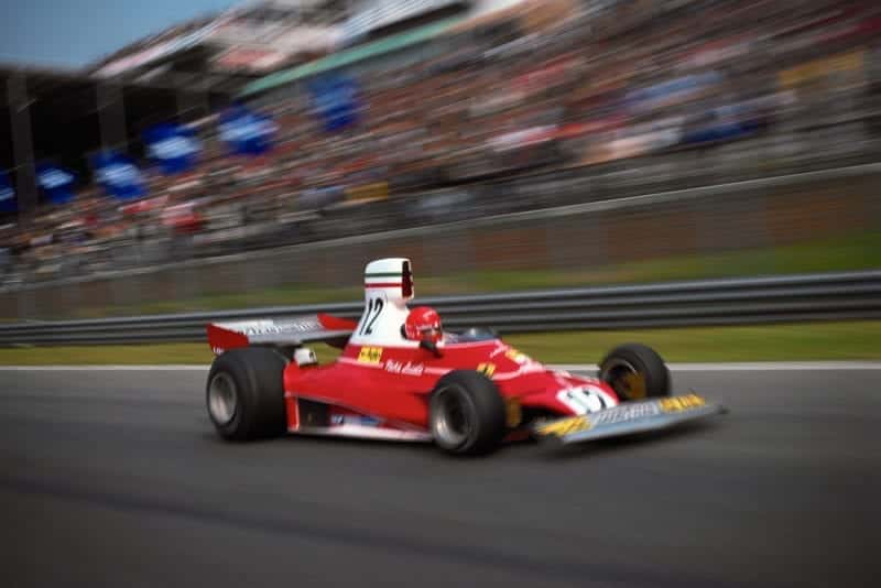 Niki Lauda (Ferrari) at speed at the 1975 Belgian Grand Prix, Zolder.