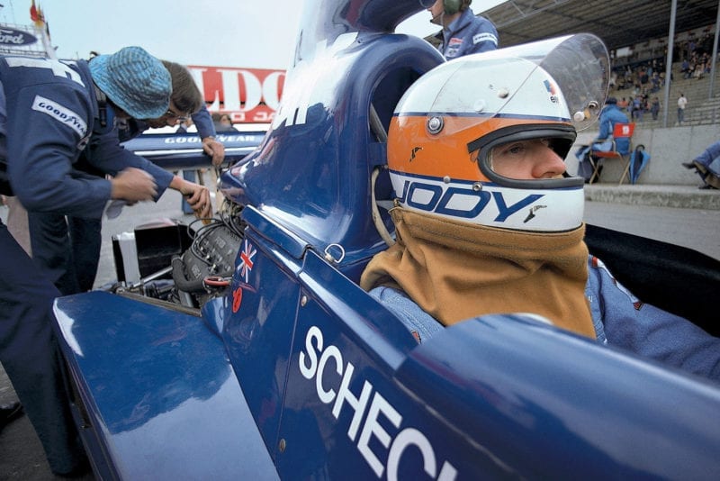 Tyrrell's Jody Scheckter prepares to head out at the 1975 Belgian Grand Prix, Zolder.