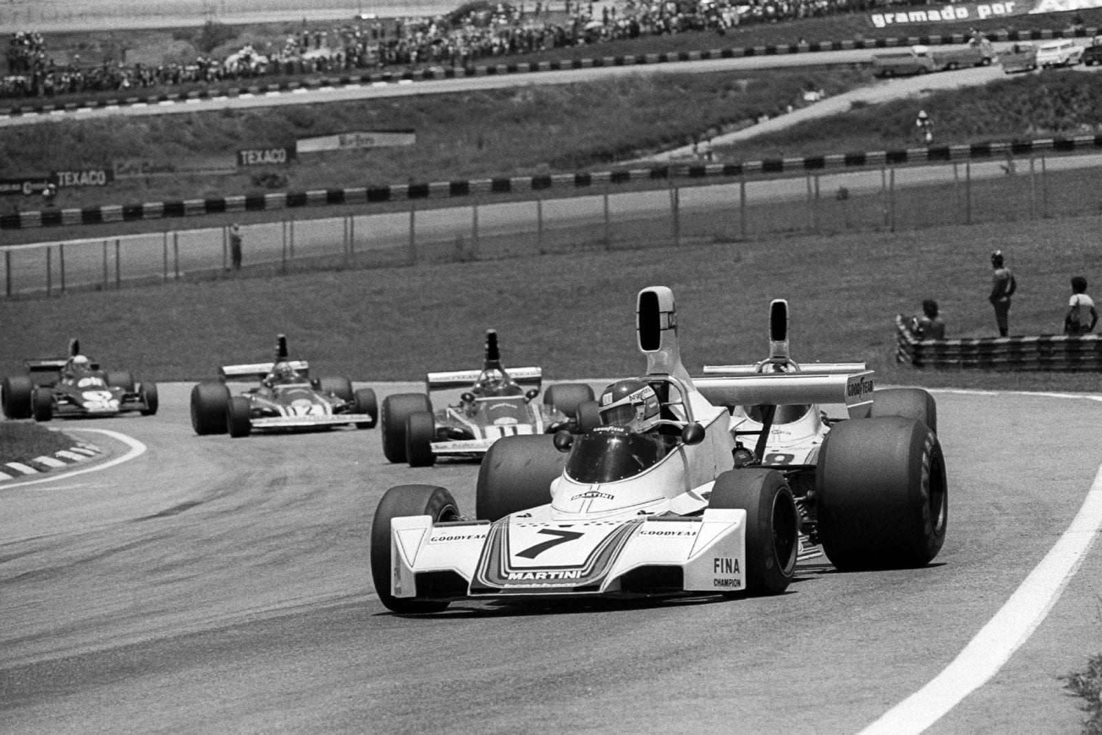 Brabham's Carlos Pace driving at the 1975 Brazilian Grand Prix, Interlagos.