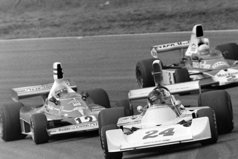 James Hunt (Hesketh) soaks up the pressure from Niki Lauda and Emerson Fittipaldi
