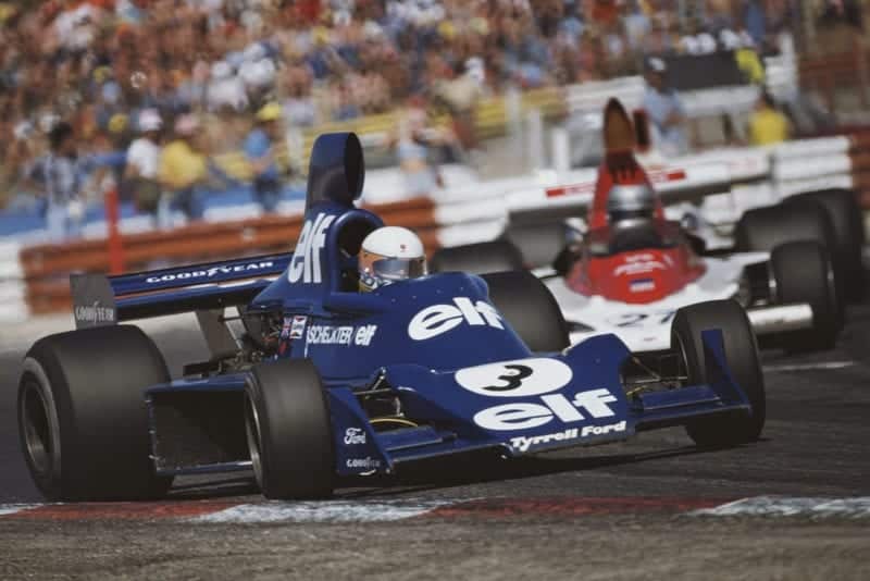 Jody Scheckter deals with a bout of understeer from his Tyrrell at the 1975 French Grand Prix, Paul Ricard.