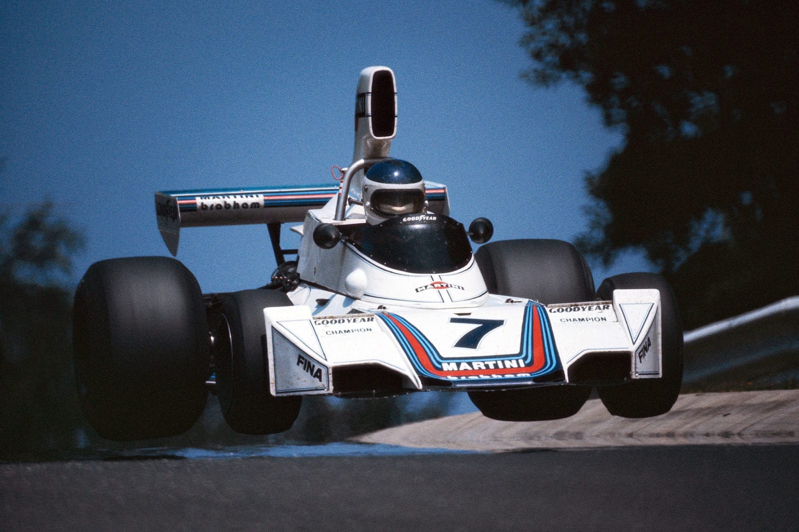 Carlos Reutemann's Brabham takes flight at the 1975 German Grand Prix, Nurburgring.
