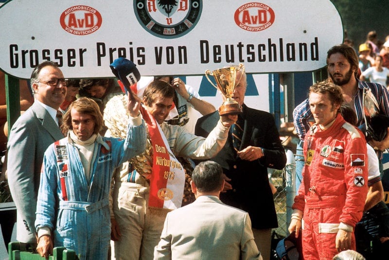 Carlos Reutemann (Brabham) celebrates winning the 1975 German Grand Prix, Nurburgring.