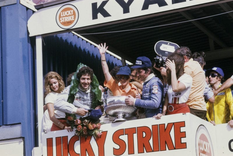 Jody Scheckter (Tyrrell) celebrates his victory at the 1975 South Africa, Kyalami.