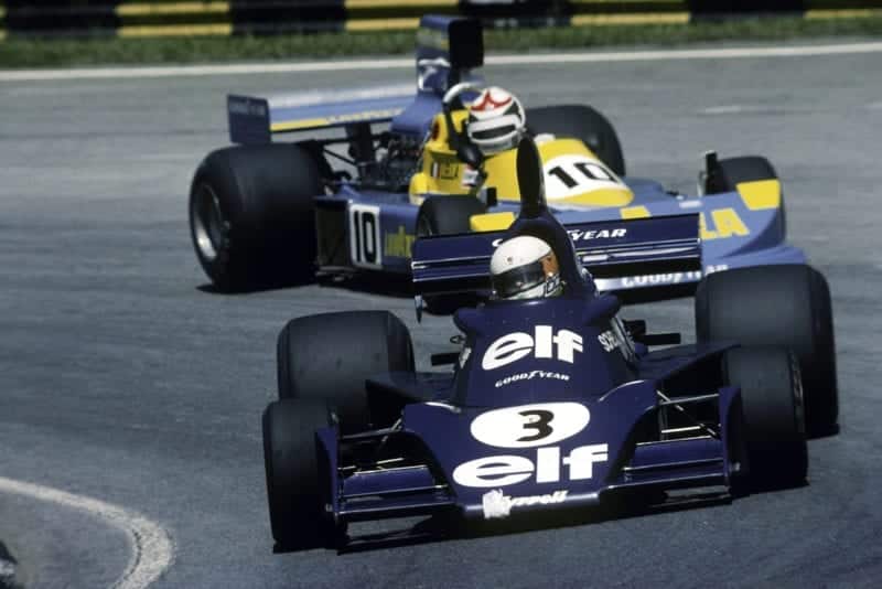 Jody Scheckter keeps his Tyrrell ahead of Lella Lombardi's March during the 1976 Brazilian Grand Prix.