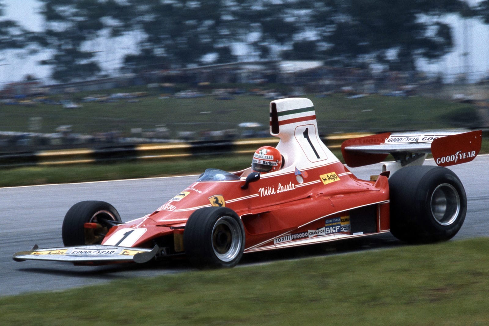Niki Lauda (Ferrari) driving at the 1976 Brazilian Grand Prix