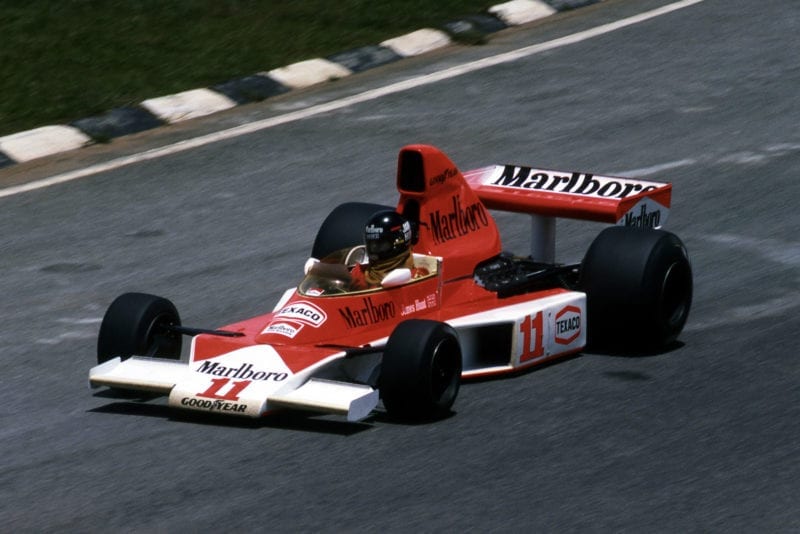 James Hunt driving for McLaren at the 1976 Brazilian Grand Prix, Interlagos.