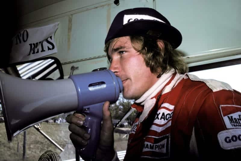 James Hunt (McLaren) helps give a track tour to race goers at the 1976 Canadian Grand Prix, Mosport Park.