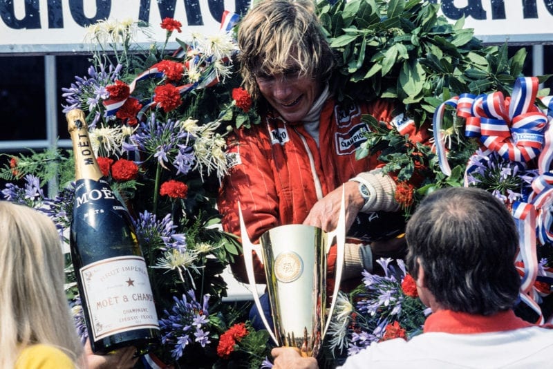 James Hunt (McLaren) celebrates his victory at the 1976 French Grand Prix, Paul Ricard.