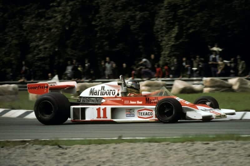 James Hunt (McLaren) spun off on Lap 11, 1976 Italian Grand Prix, Monza.