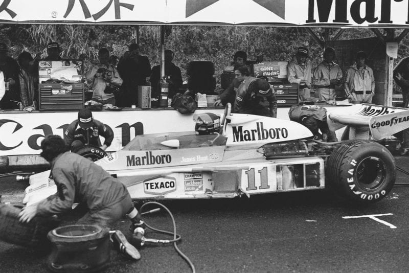James Hunt (McLaren) pulls in for a pit-stop at the 1976 Japanese Grand Prix, Fuji.