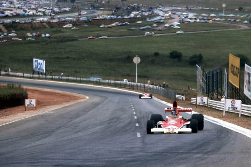 James Hunt (McLaren) driving at the 1976 South African Grand Prix, Kyalami.