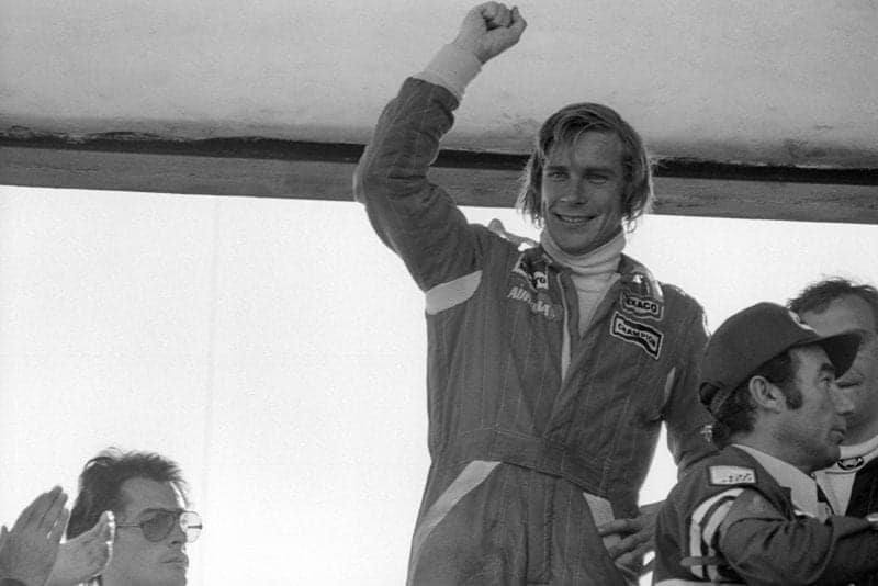 James Hunt (McLaren) after winning the 1976 Spanish Grand Prix.