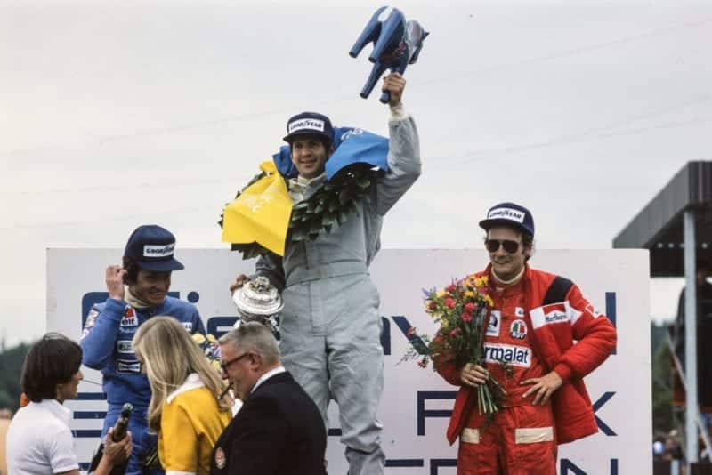 Jody Scheckter (Tyrrell) celebrates winning the 1976 Swedish Grand Prix, Anderstorp.