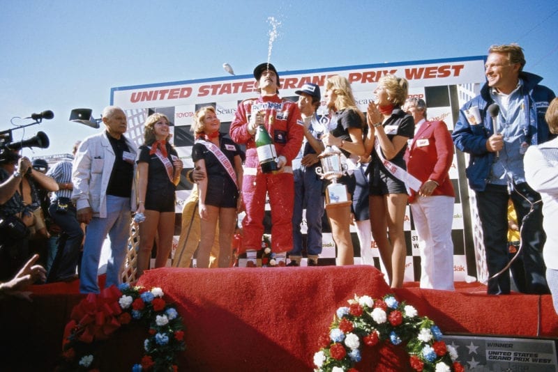 Clay Regazzoni celebrates his win at the 1976 United States Grand Prix, Long Beach.