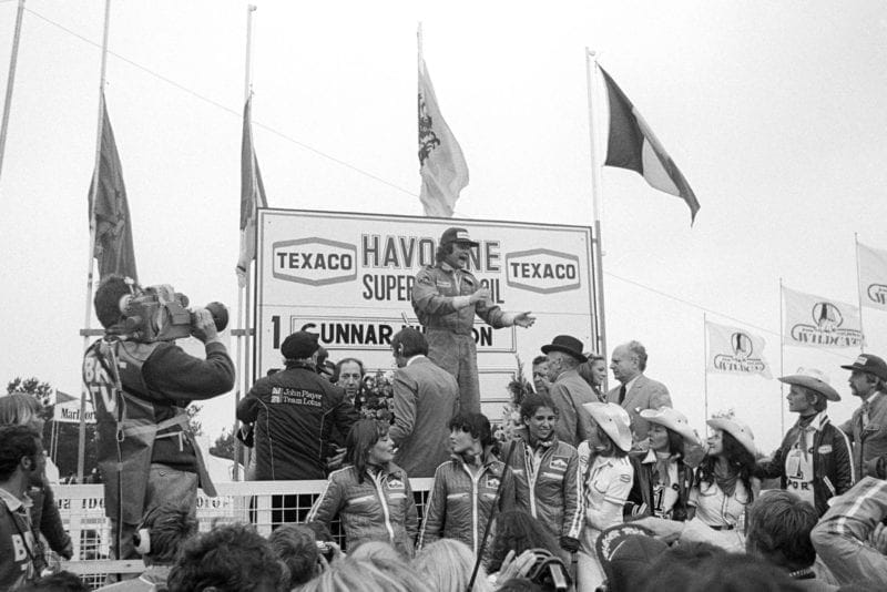 Gunnar Nillson (Lotus) celebrates winning the 1977 Belgian Grand Prix, Zolder.